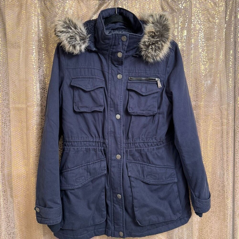 BCBGeneration Navy Blue Hooded Faux Fur Trim Anorak Parka Coat Large